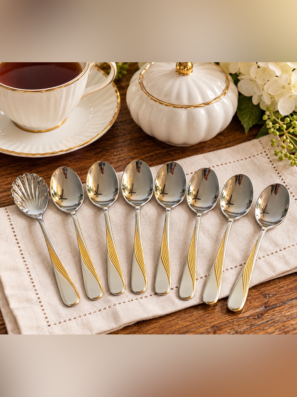 Mirella 18/10 Stainless Gold Swirl Teaspoons Set of 8 Vintage Flatware